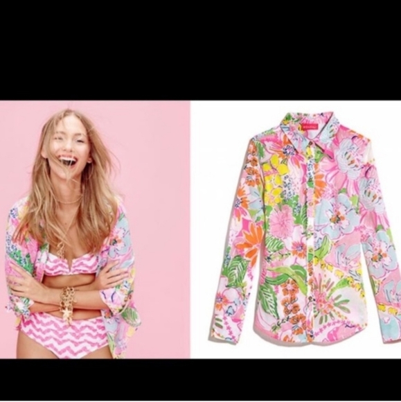 Lilly pulitzer nosey posey neon floral button up shirt size xs 100% cotton. - Picture 6 of 9